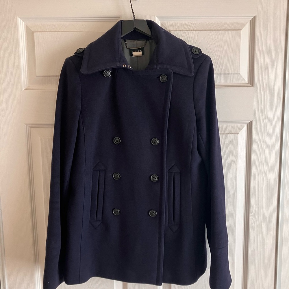 Navy Blue Double-Breasted Wool Peacoat with Wide Collar Size 8